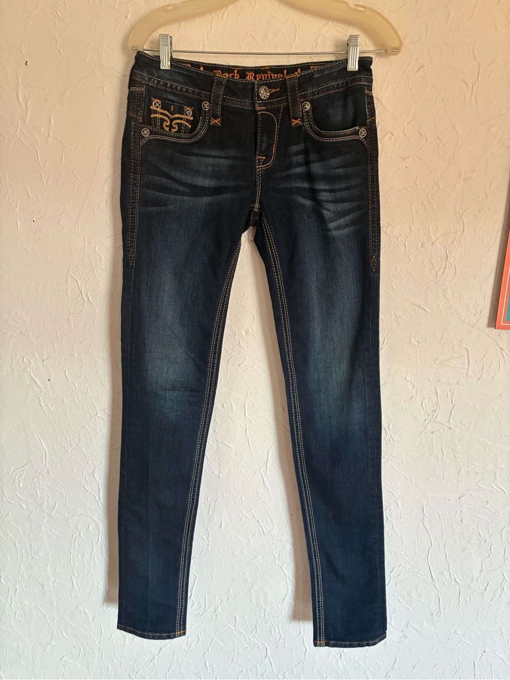 ⚡️Rock Reviva Dark Blue Skinny Jeans with Gold Embroidered Pockets - Picture 2 of 10